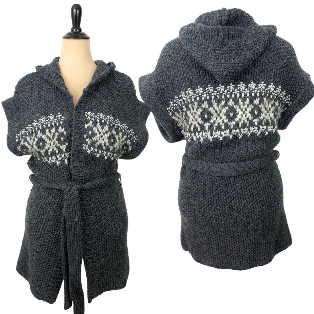 between me & you ANTHROPOLOGIE Cardigan Sweater NEW L Chunky Boho Fair Isle Hood